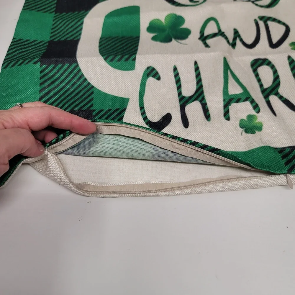 St. Patrick's Day Pillow Cover Green Black Plaid‎ Lucky Charm 18x18